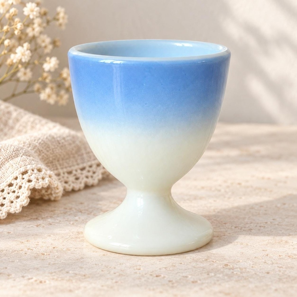 Vintage Egg Cup Blue Macbeth Evans UV Reactive Ribbed Milk Glass